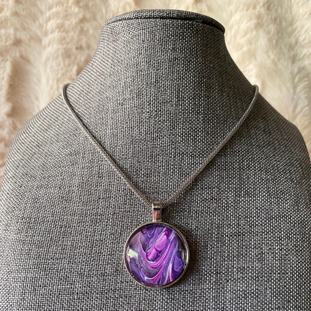 Handmade Abstract acrylic fluid pour art pendant necklace purple sparkle 💖
